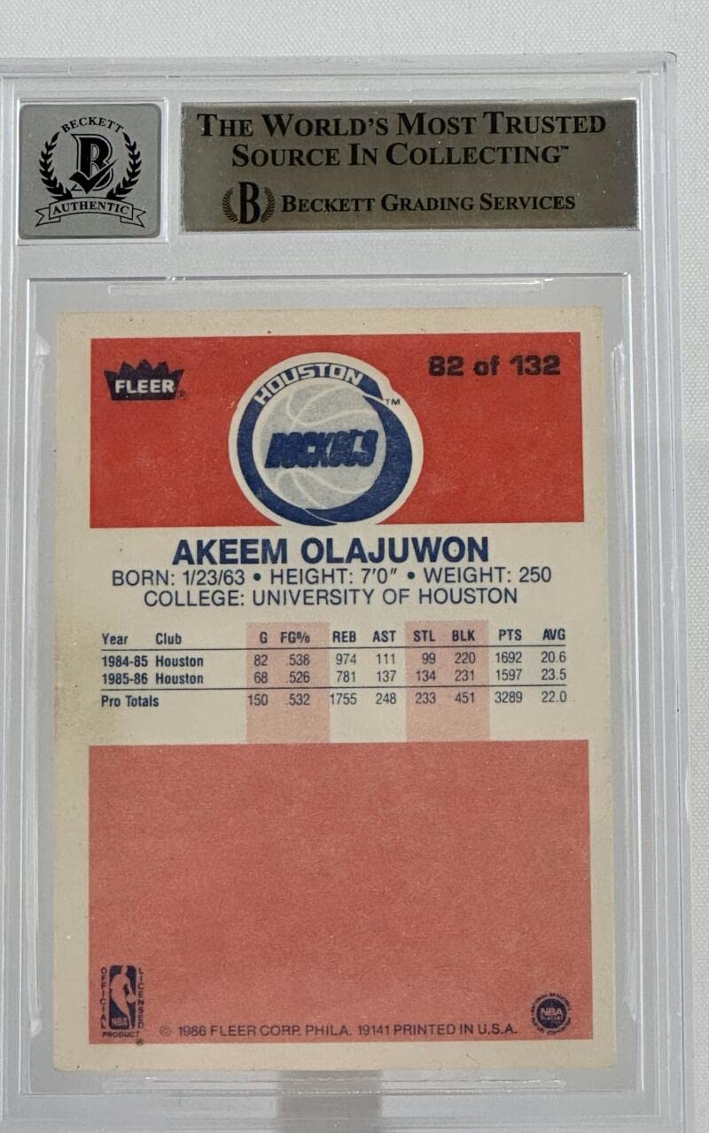 1986-87 Fleer #82 Hakeem Olajuwon Auto Houston Rockets BAS Autograph 10