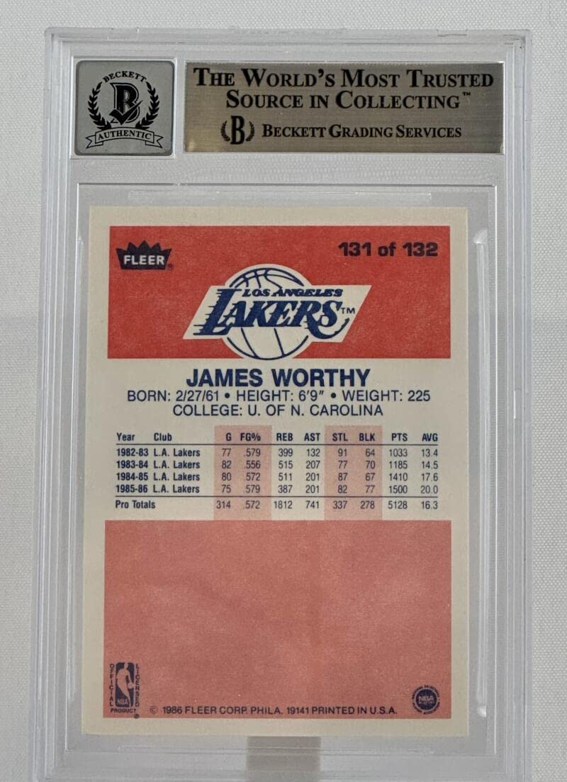 1986-87 Fleer #131 James Worthy Auto Los Angeles Lakers BAS Autograph 10