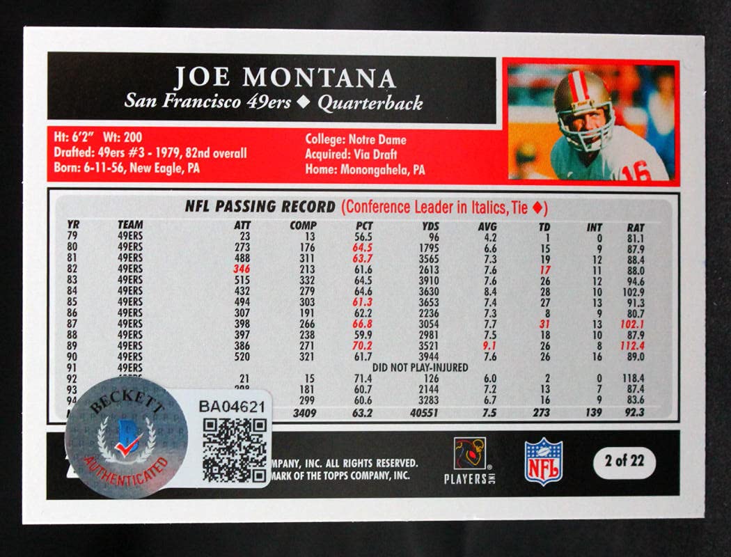 2005 Topps 50th Anniversary #2 Joe Montana SF 49ers Auto Beckett Witness