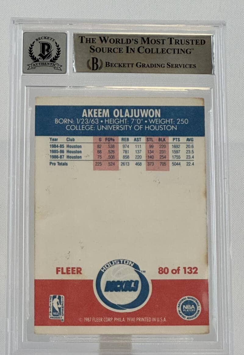 1987-88 Fleer #80 Hakeem Olajuwon Auto Houston Rockets BAS Autograph 10