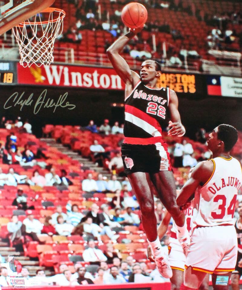 Clyde Drexler Autographed Portland Blazers 16x20 Dunk v. Rockets Photo- JSA W