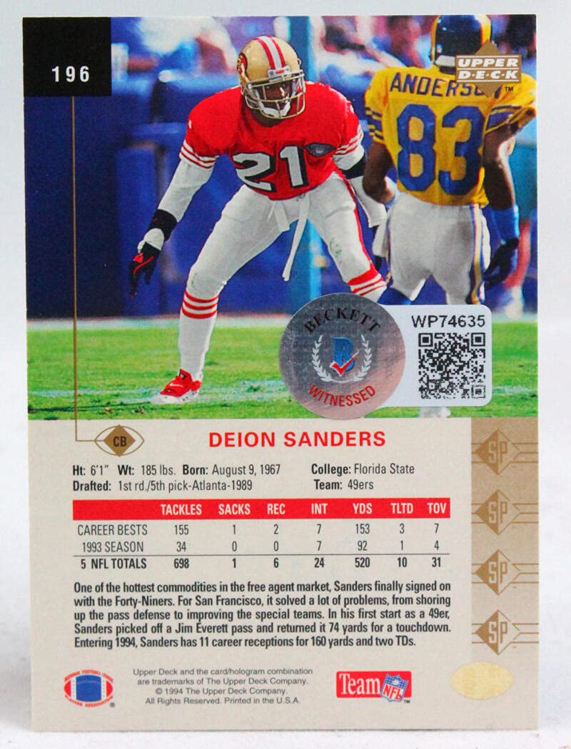 1994 SP #196 Deion Sanders Falcons Autograph Beckett Witness