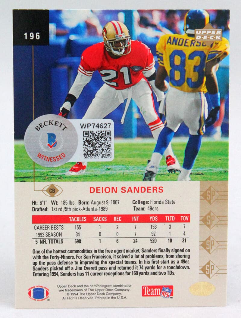 1994 SP #196 Deion Sanders Atlanta Falcons Autograph Beckett Witness