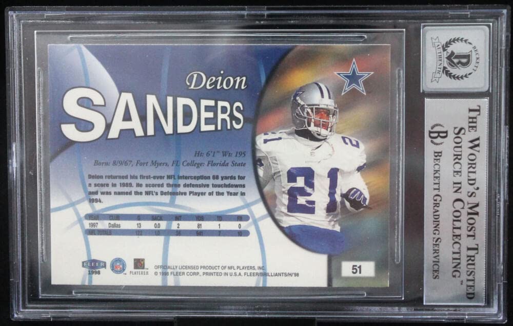 1998 Fleer Brilliants #51 Deion Sanders Dallas Cowboys BAS Autograph 10