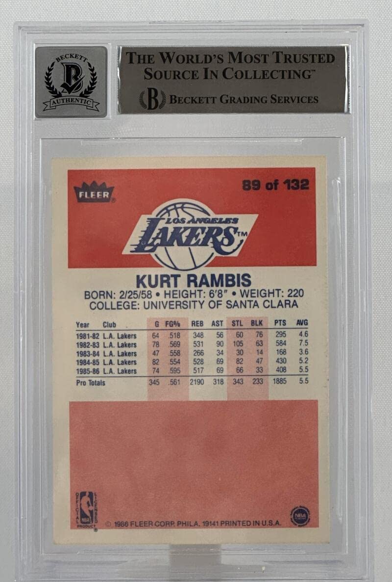 1986-87 Fleer #89 Kurt Rambis Auto Los Angles Lakers BAS Autograph 10