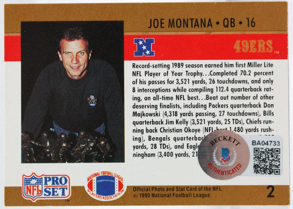 1990 Pro Set #2 Joe Montana Auto SF 49ers Autograph Beckett Witness