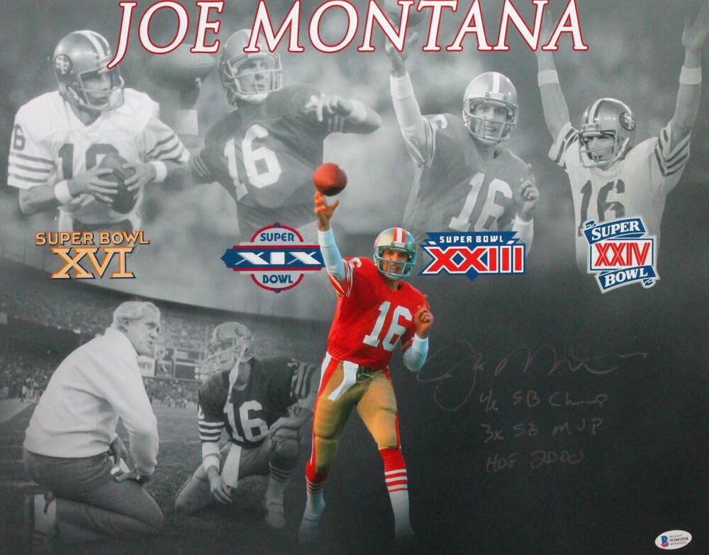 Joe Montana Signed 49ers 16x20 Photo w/ 3 SB Wins Inscriptions - Beckett