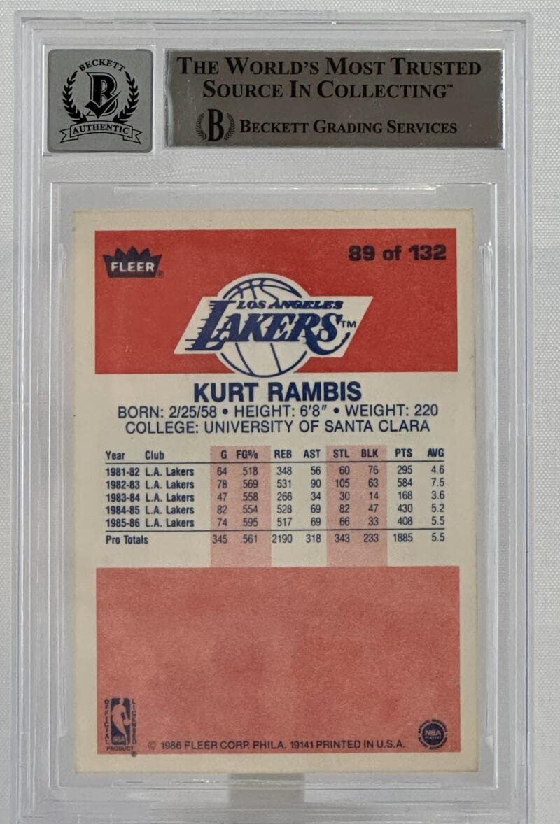 1986-87 Fleer #89 Kurt Rambis Auto Los Angles Lakers BAS Autograph 10