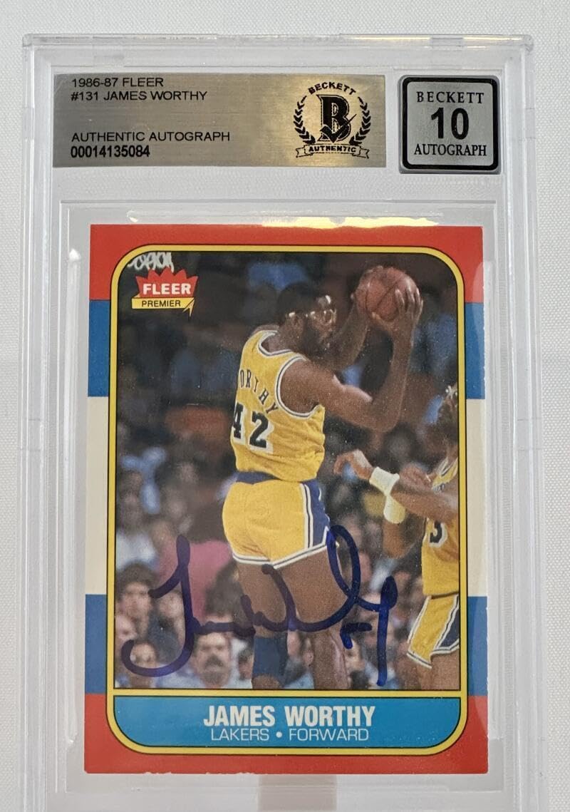 1986-87 Fleer #131 James Worthy Auto Los Angeles Lakers BAS Autograph 10