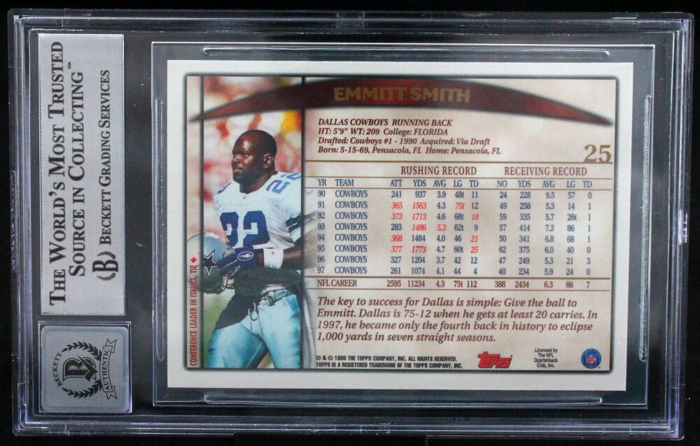 1998 Topps #25 Emmitt Smith Dallas Cowboys BAS Autograph 10