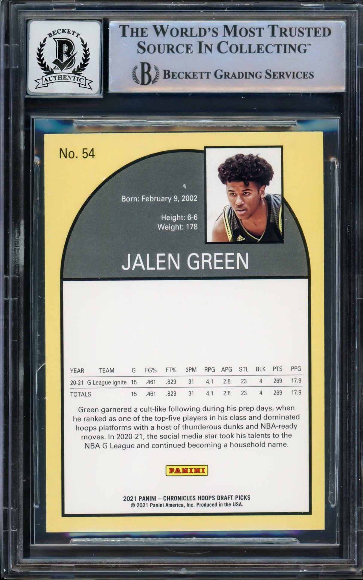 Jalen Green Autographed 2021-22 Hoops Tribute Rookie Card #54 Houston Rockets Auto Grade Gem Mint 10 Beckett BAS #14235648