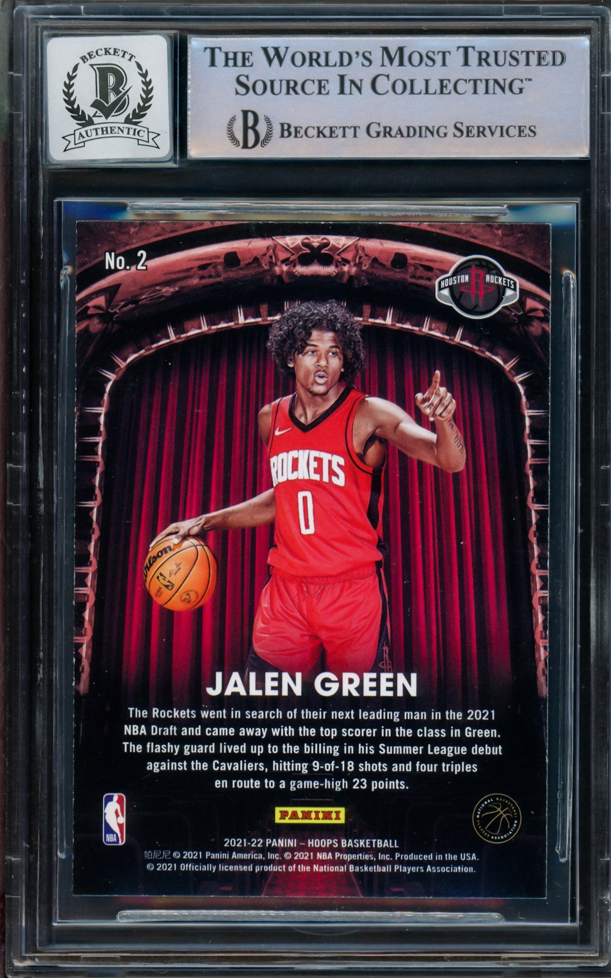 Jalen Green Autographed 2021-22 NBA Hoops Now Playing Rookie Card #2 Houston Rockets Auto Grade Gem Mint 10 Beckett BAS #14235686