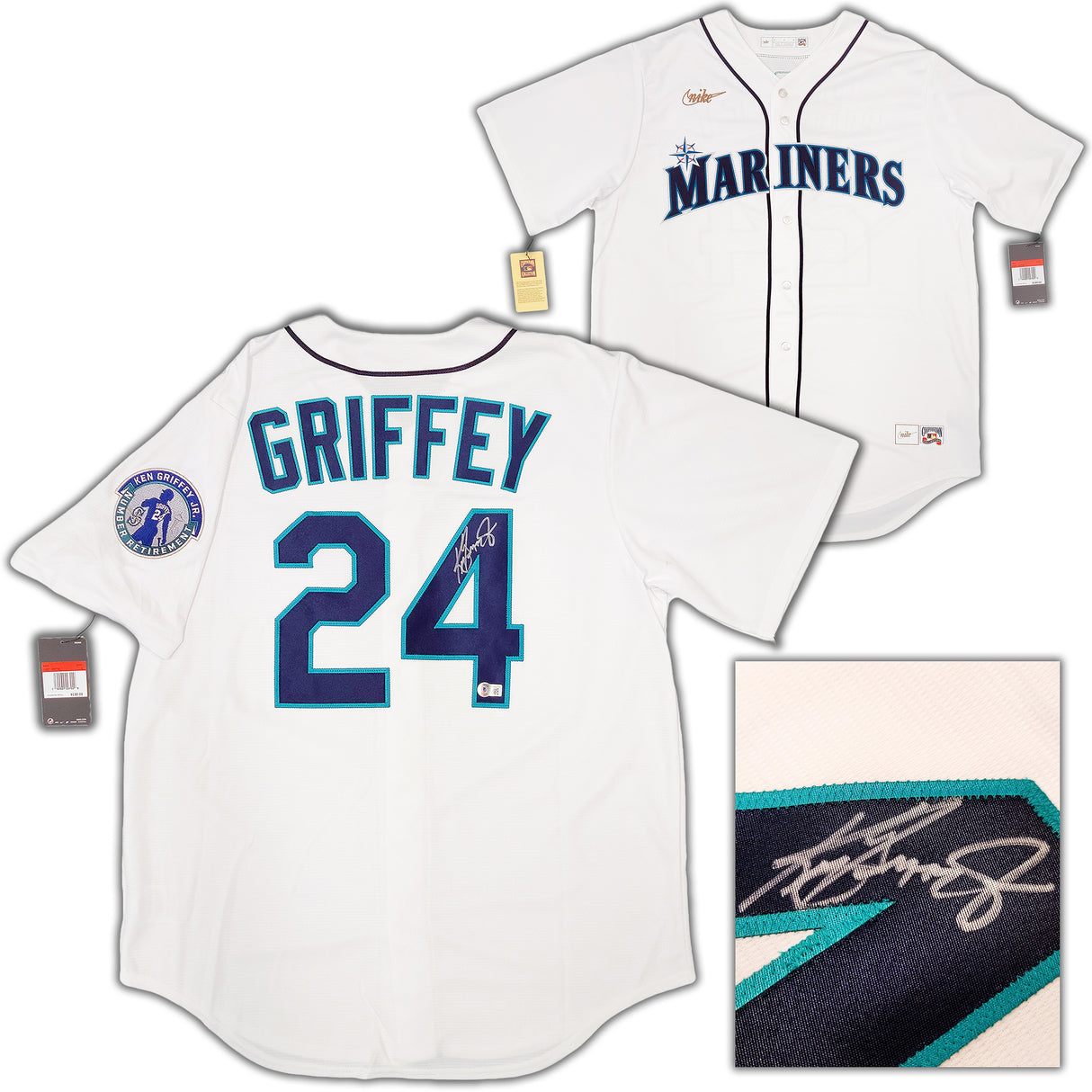 Seattle Mariners Ken Griffey Jr. Autographed White Nike Cooperstown Edition Jersey Retirement Patch Size L Beckett BAS QR Stock #206019