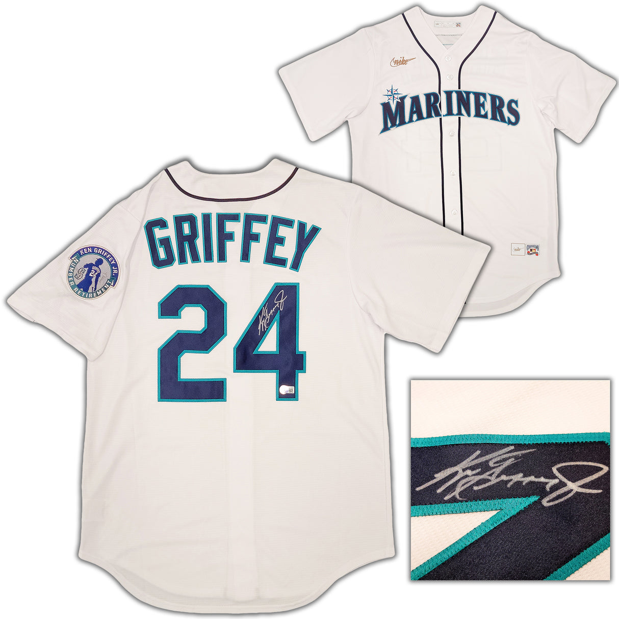 Seattle Mariners Ken Griffey Jr. Autographed White Nike Cooperstown Edition Jersey Retirement Patch Size M Beckett BAS QR Stock #206018