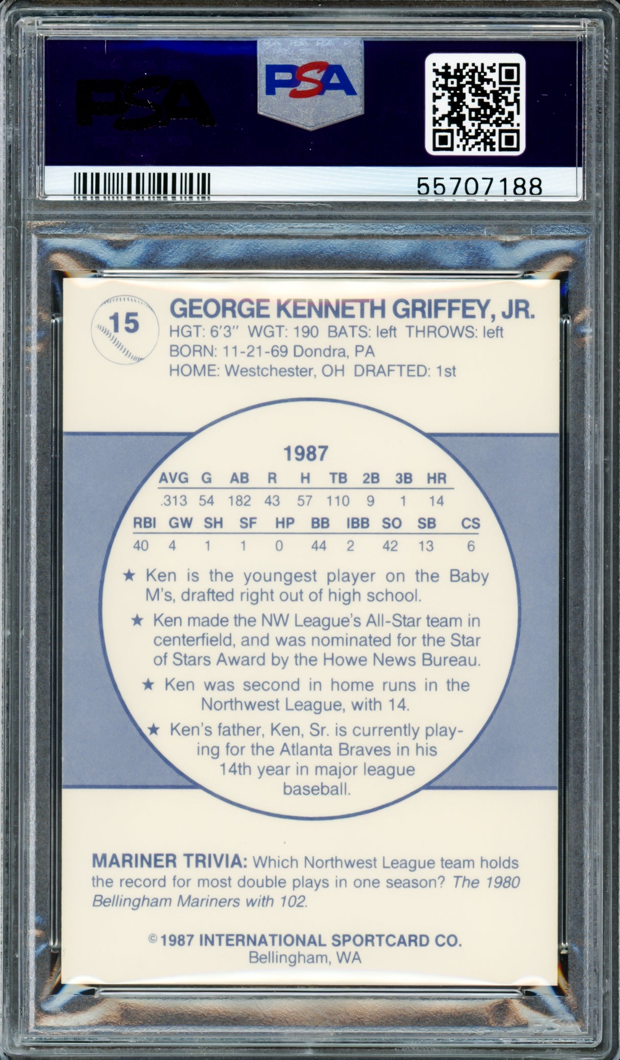 Ken Griffey Jr. Autographed 1987 Bellingham Rookie Card #15 Seattle Mariners Auto Grade Gem Mint 10 PSA/DNA #55707188