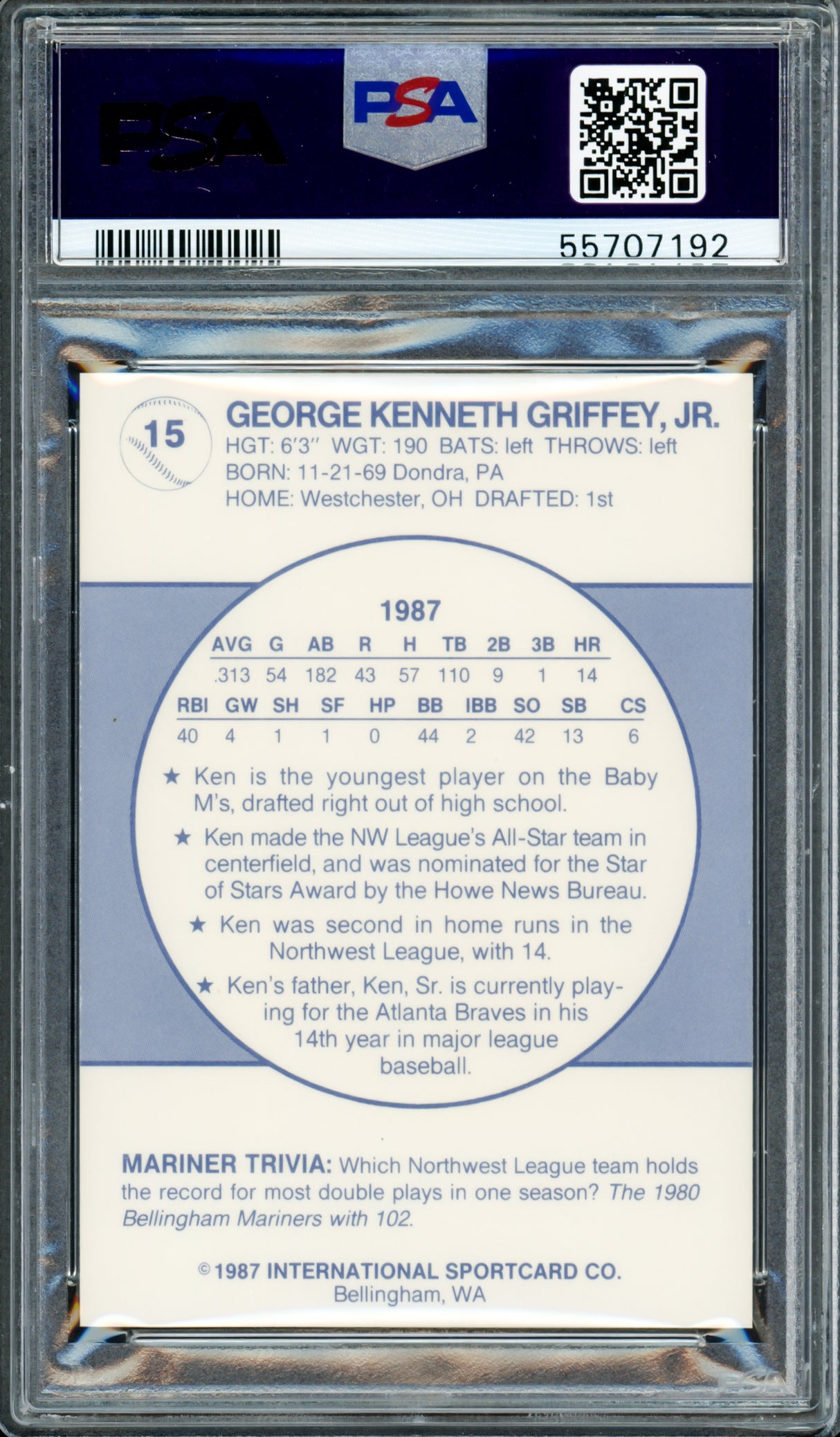 Ken Griffey Jr. Autographed 1987 Bellingham Rookie Card #15 Seattle Mariners Auto Grade Gem Mint 10 PSA/DNA #55707192