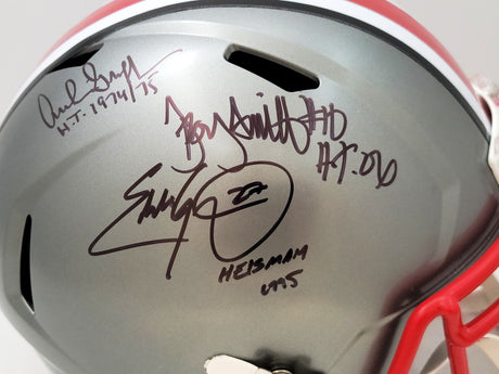 Archie Griffin, Eddie George & Troy Smith Autographed Ohio State Buckeyes Flash Gray Full Size Replica Speed Helmet "Heisman" Beckett BAS QR Stock #203900