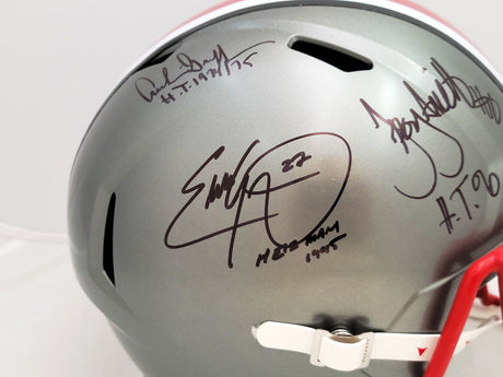 Archie Griffin, Eddie George & Troy Smith Autographed Ohio State Buckeyes Flash Gray Full Size Replica Speed Helmet "Heisman" Beckett BAS QR Stock #203901