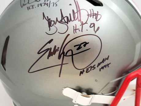 Archie Griffin, Eddie George & Troy Smith Autographed Ohio State Buckeyes Flash Gray Full Size Authentic Speed Helmet "Heisman" Beckett BAS QR Stock #203902