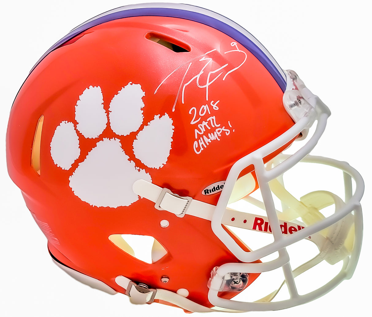 Travis Etienne Autographed Clemson Tigers Orange Full Size Authentic Speed Helmet "2018 Natl Champs!" Beckett BAS QR Stock #205673