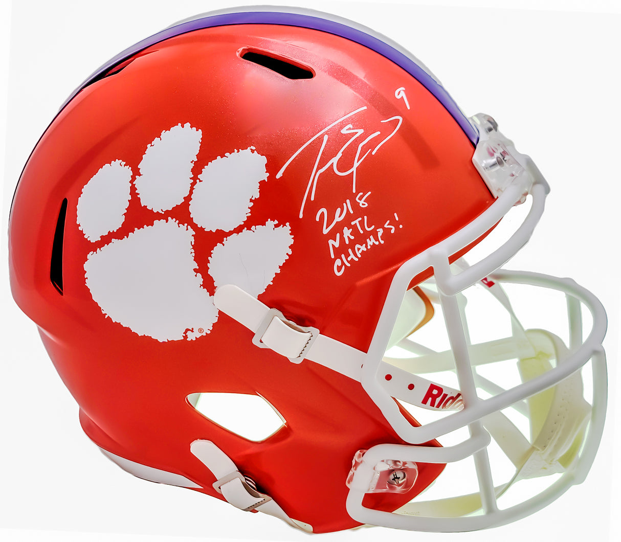 Travis Etienne Autographed Clemson Tigers Orange Full Size Replica Speed Helmet "2018 Natl Champs!" Beckett BAS QR Stock #205674