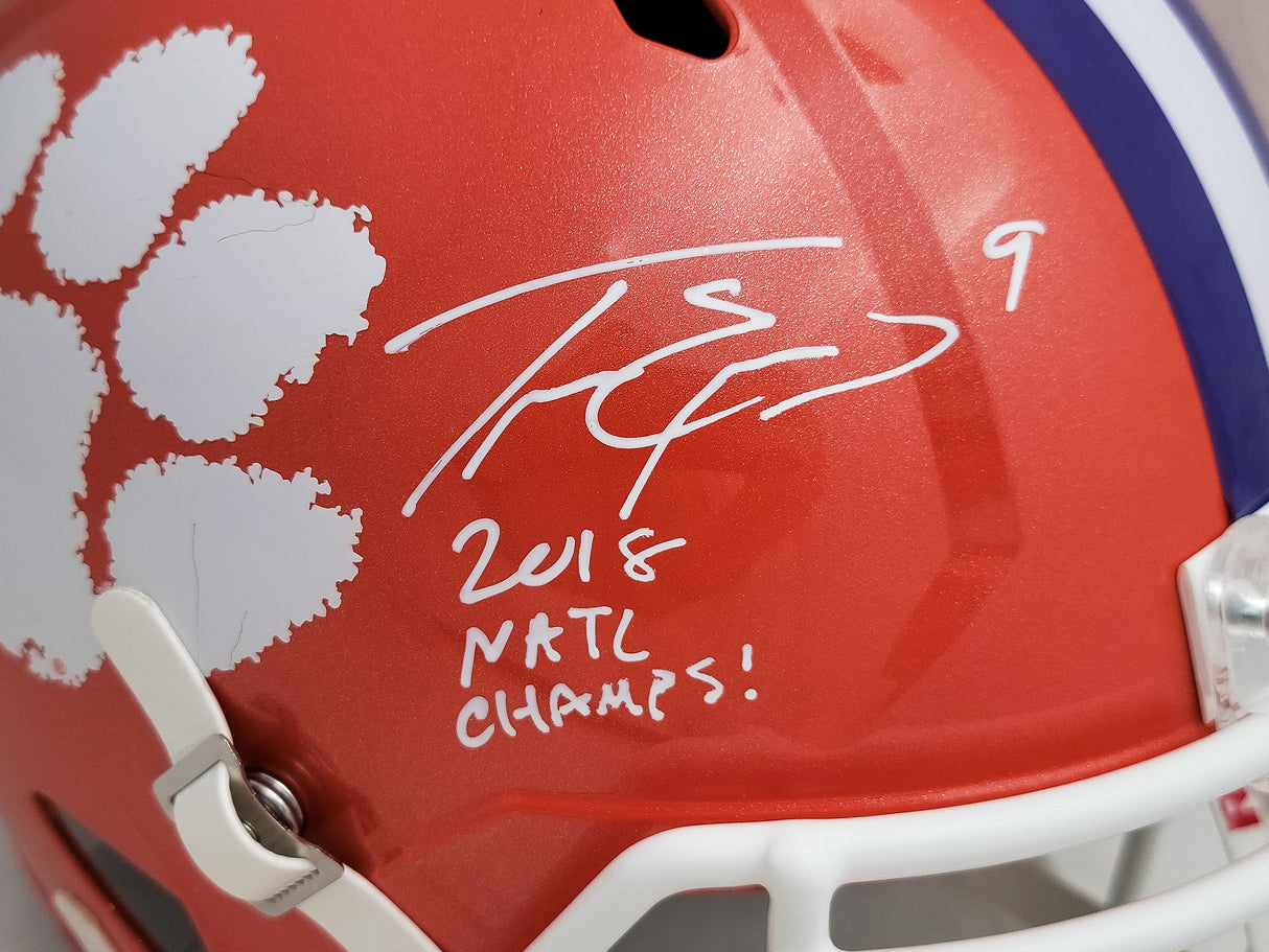 Travis Etienne Autographed Clemson Tigers Orange Full Size Replica Speed Helmet "2018 Natl Champs!" Beckett BAS QR Stock #205674