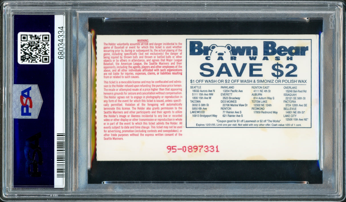 Ken Griffey Jr. Autographed October 2nd, 1995 Ticket Stub Seattle Mariners vs. California Angels Tie-Breaker Game PSA 4 "1995" PSA/DNA #68034334