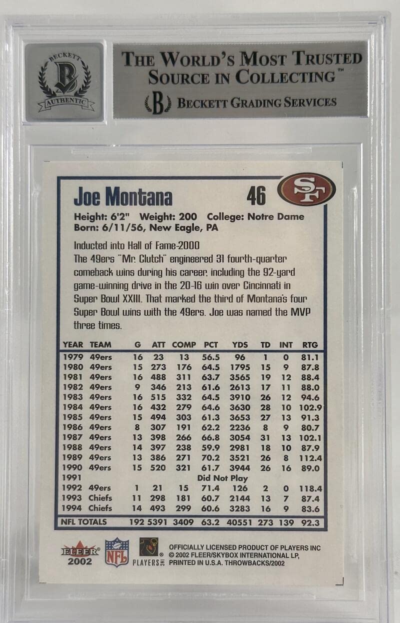 2002 Fleer Throwbacks #46 Joe Montana Auto SF 49ers BAS Autograph 10