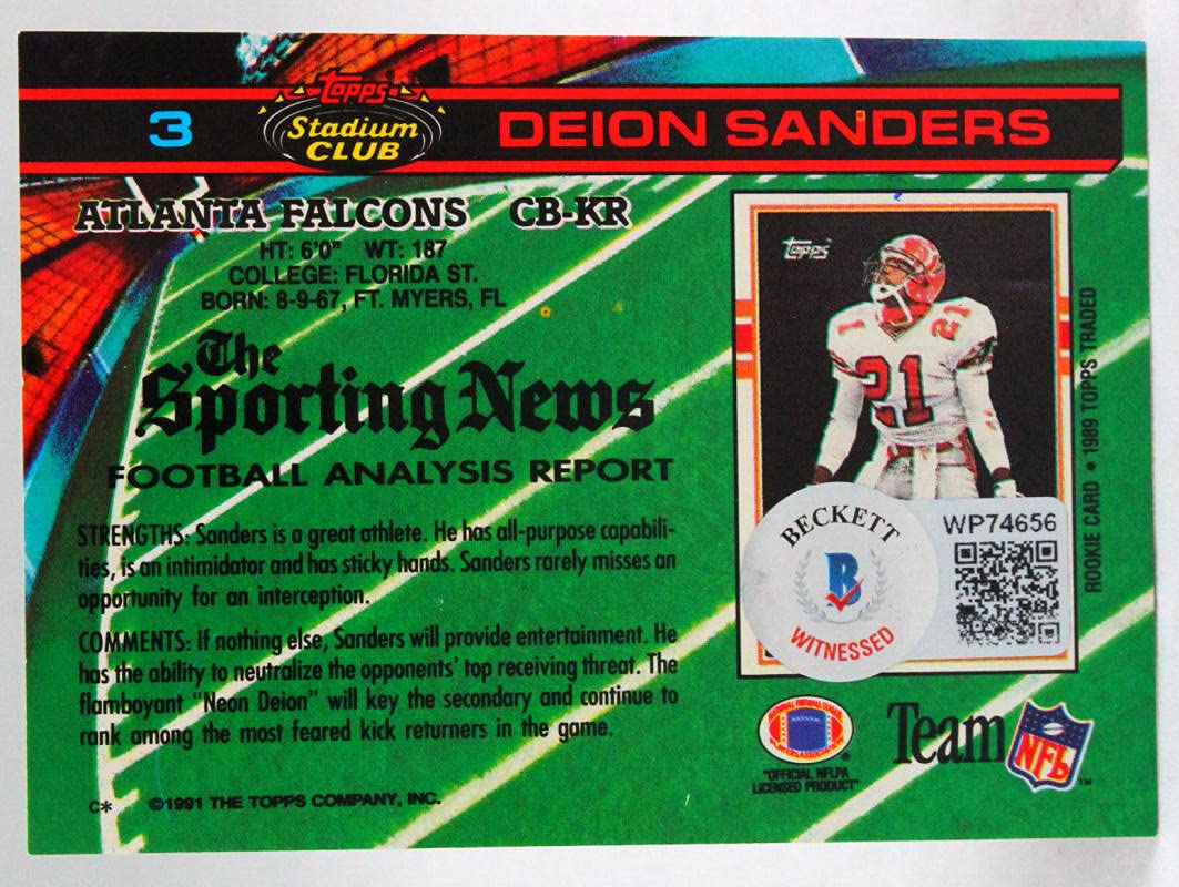 1991 Stadium Club #3 Deion Sanders Atlanta Falcons Autograph Beckett Witness