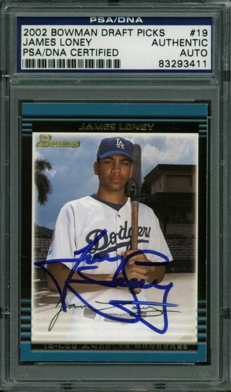 Dodgers James Loney Authentic Signed Card 2002 Bowman Draft Picks PSA Slabbed