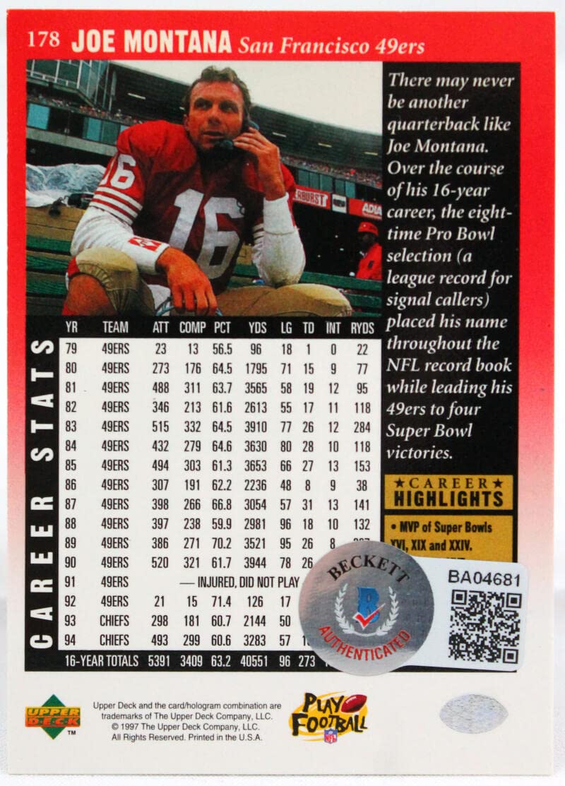 1997 Upper Deck #178 Joe Montana San Francisco 49ers Auto Beckett Witness