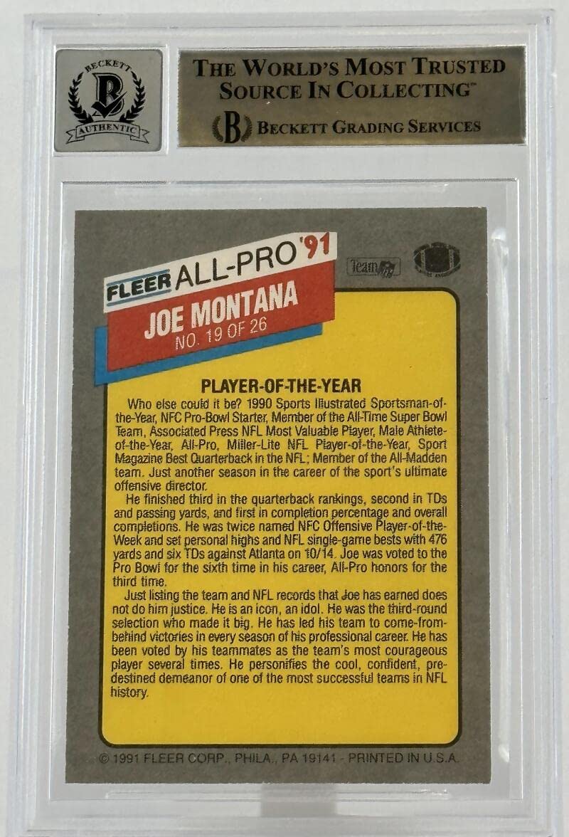 1991 Fleer All-Pros #19 Joe Montana Auto San Francisco 49ers BAS Autograph 10