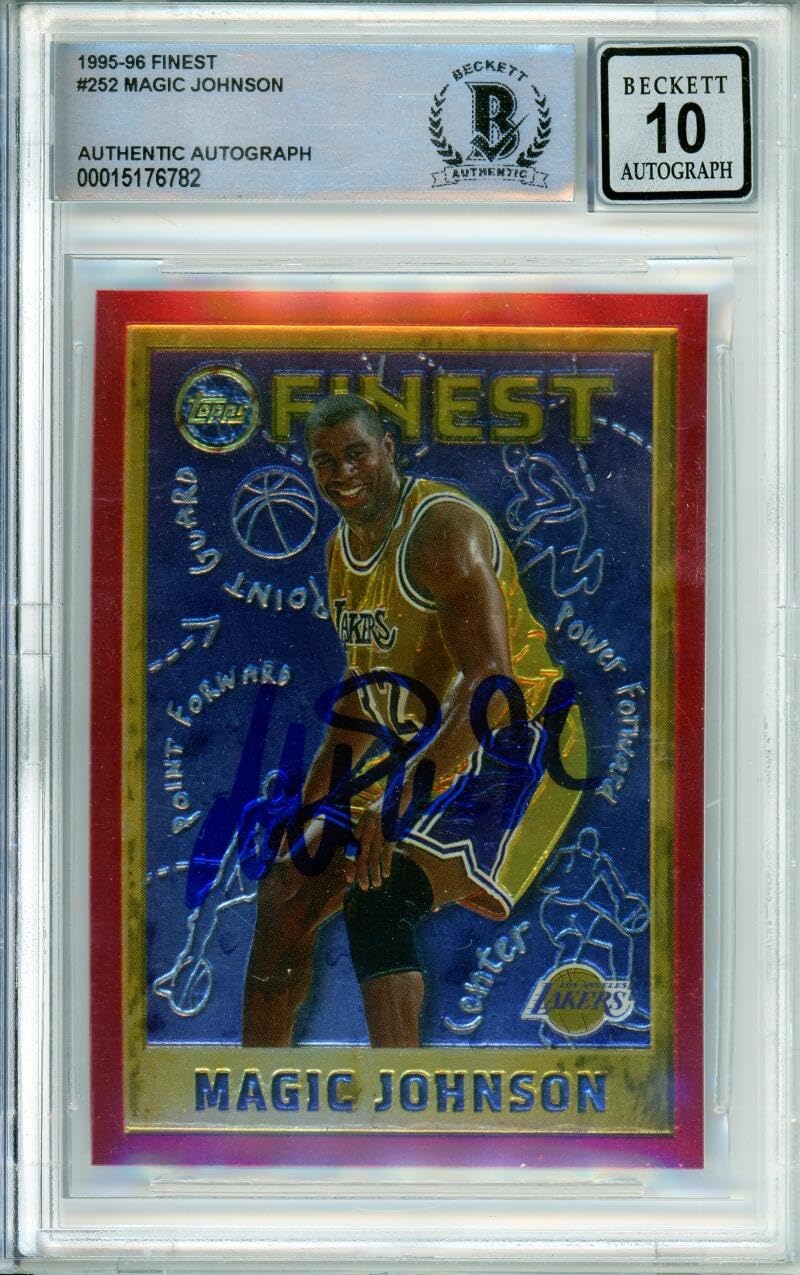 1995-96 Topps Finest #252 Magic Johnson Los Angeles Lakers BAS Autograph 10