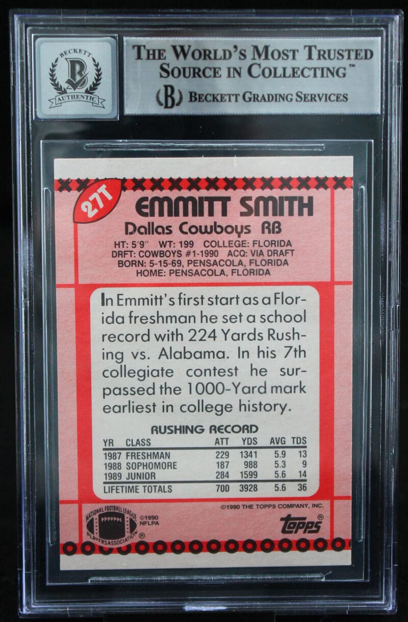 1990 Topps Traded #27T Emmitt Smith Auto Dallas Cowboys BAS Autograph 10