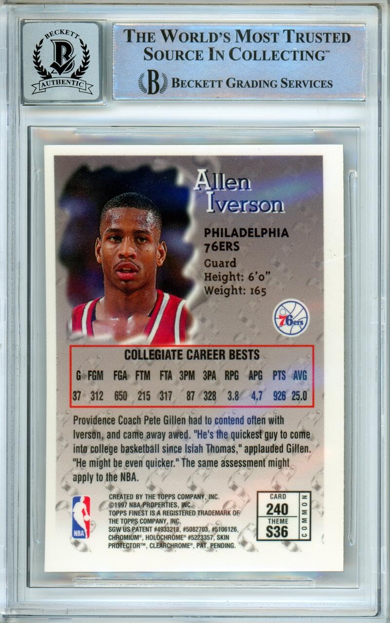 1996-97 Topps Finest Sterling #240 Allen Iverson RC 76ers BAS Autograph 10