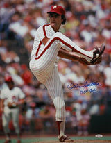 Steve Carlton Autographed Phillies 16x20 Pitching Photo w/ HOF- JSA W Auth *Blue