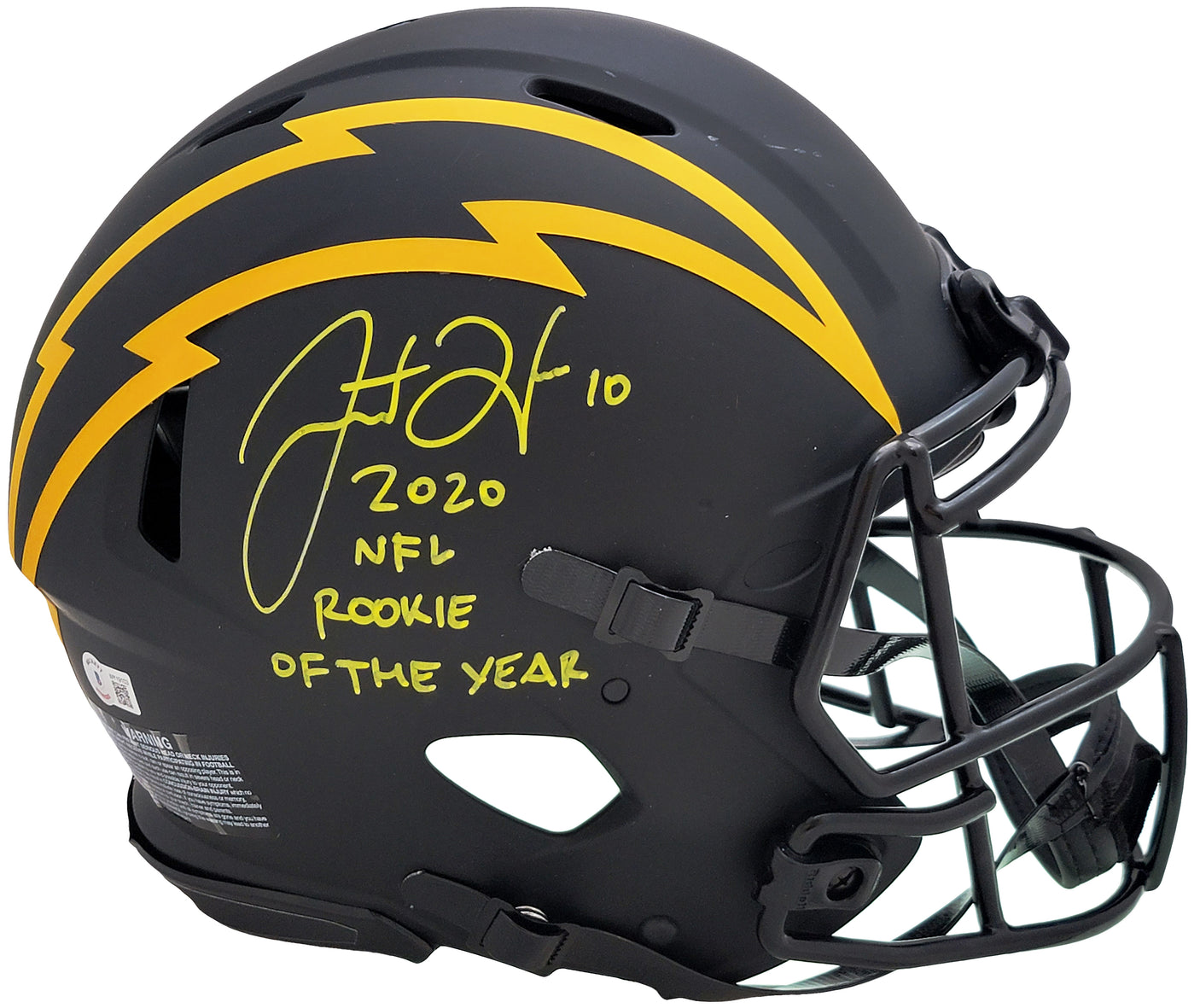 Justin Herbert Autographed Los Angeles Chargers Eclipse Black Full Size Authentic Speed Helmet "2020 NFL Rookie Of The Year" (Scuffed) Beckett BAS Witness Stock #206931