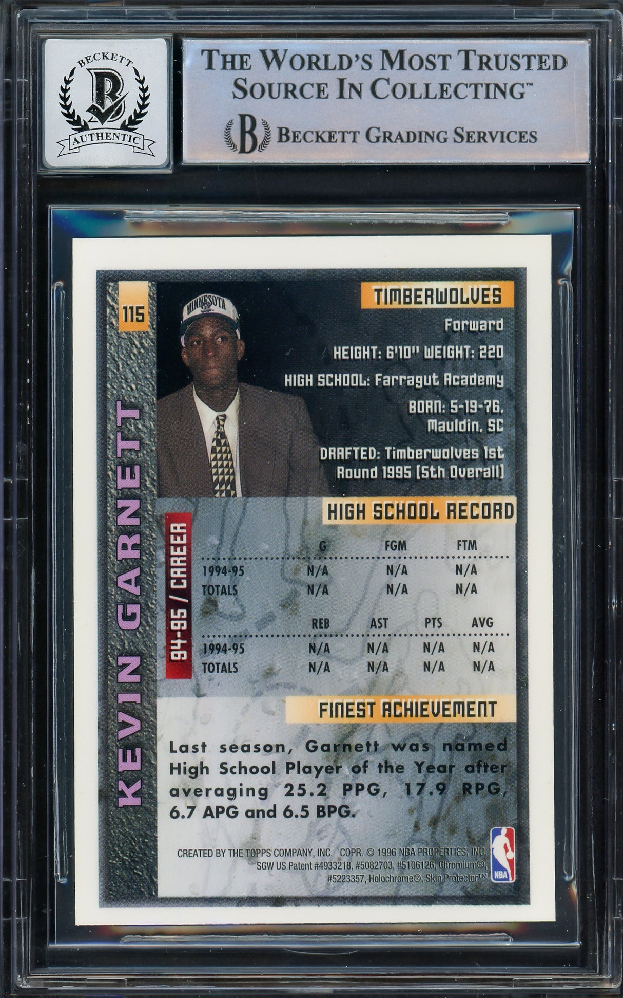 Kevin Garnett Autographed 1995-96 Topps Finest Rookie Card #115 Minnesota Timberwolves Auto Grade Gem Mint 10 Beckett BAS #14392819