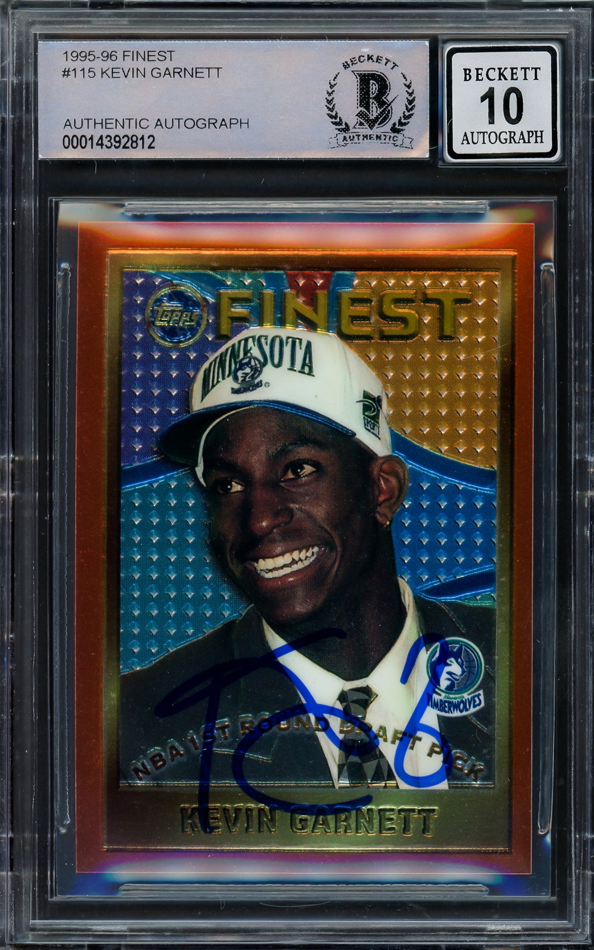 Kevin Garnett Autographed 1995-96 Topps Finest Rookie Card #115 Minnesota Timberwolves Auto Grade Gem Mint 10 Beckett BAS #14392812