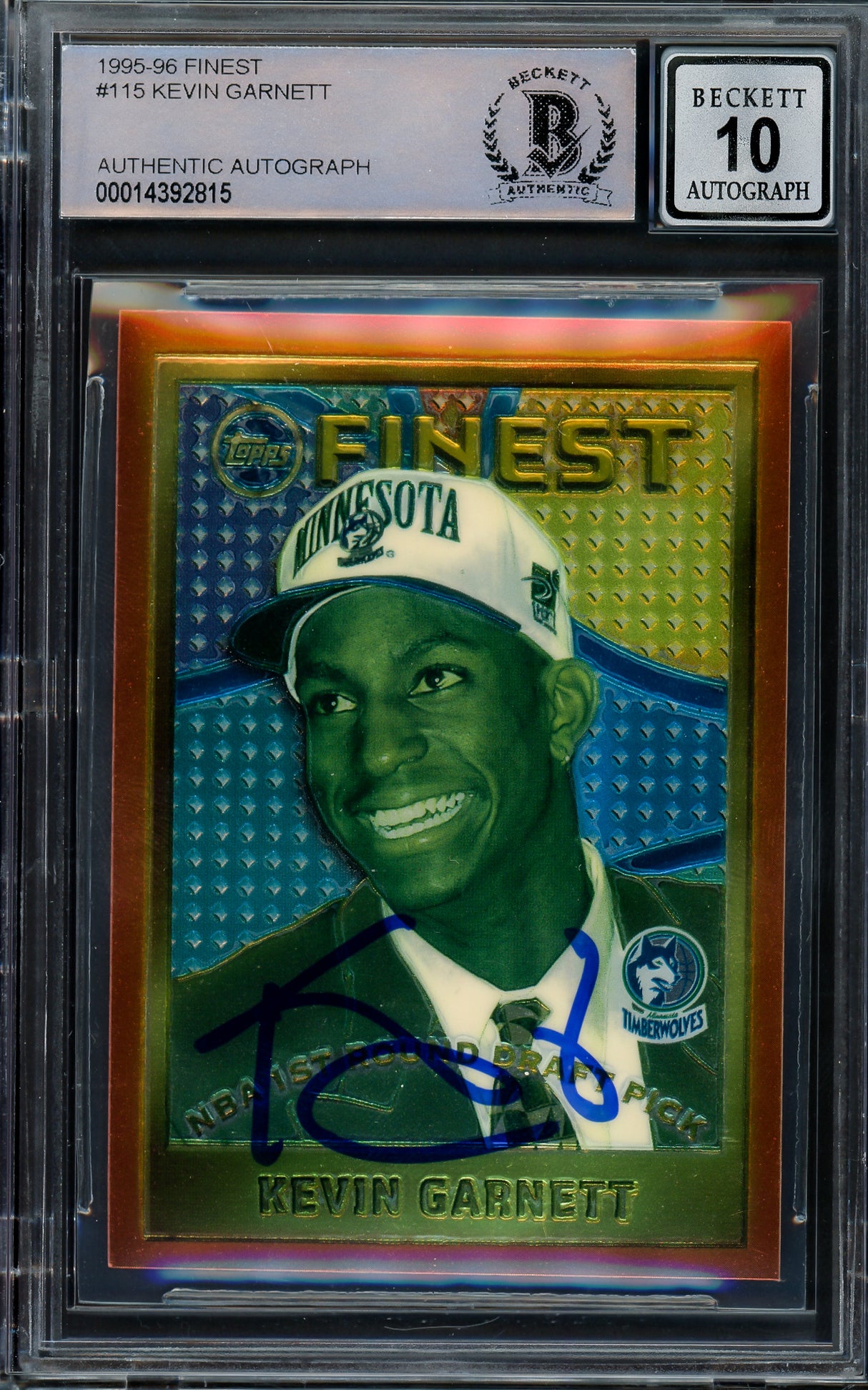 Kevin Garnett Autographed 1995-96 Topps Finest Rookie Card #115 Minnesota Timberwolves Auto Grade Gem Mint 10 Beckett BAS #14392815