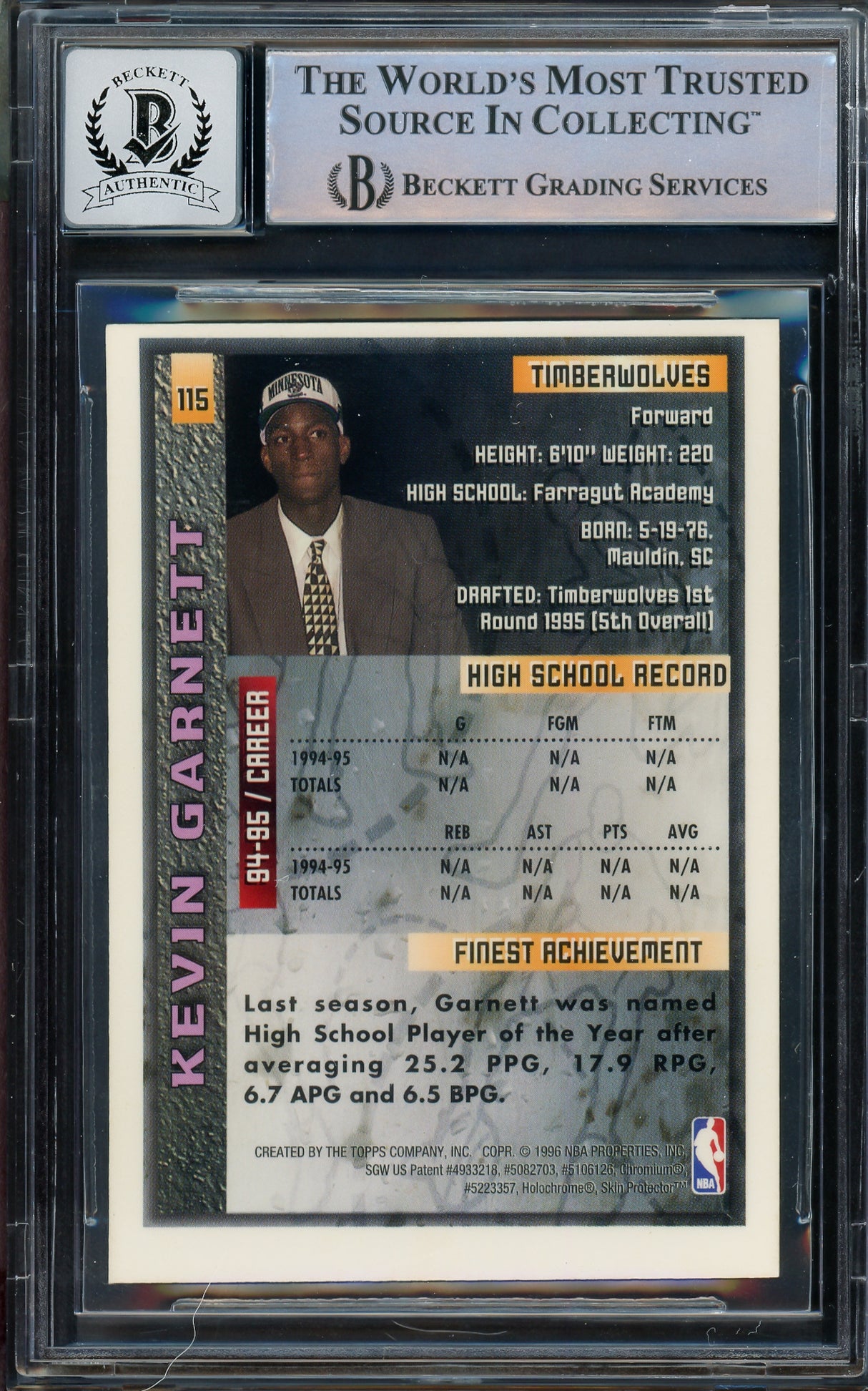 Kevin Garnett Autographed 1995-96 Topps Finest Rookie Card #115 Minnesota Timberwolves Auto Grade Gem Mint 10 Beckett BAS #14392815