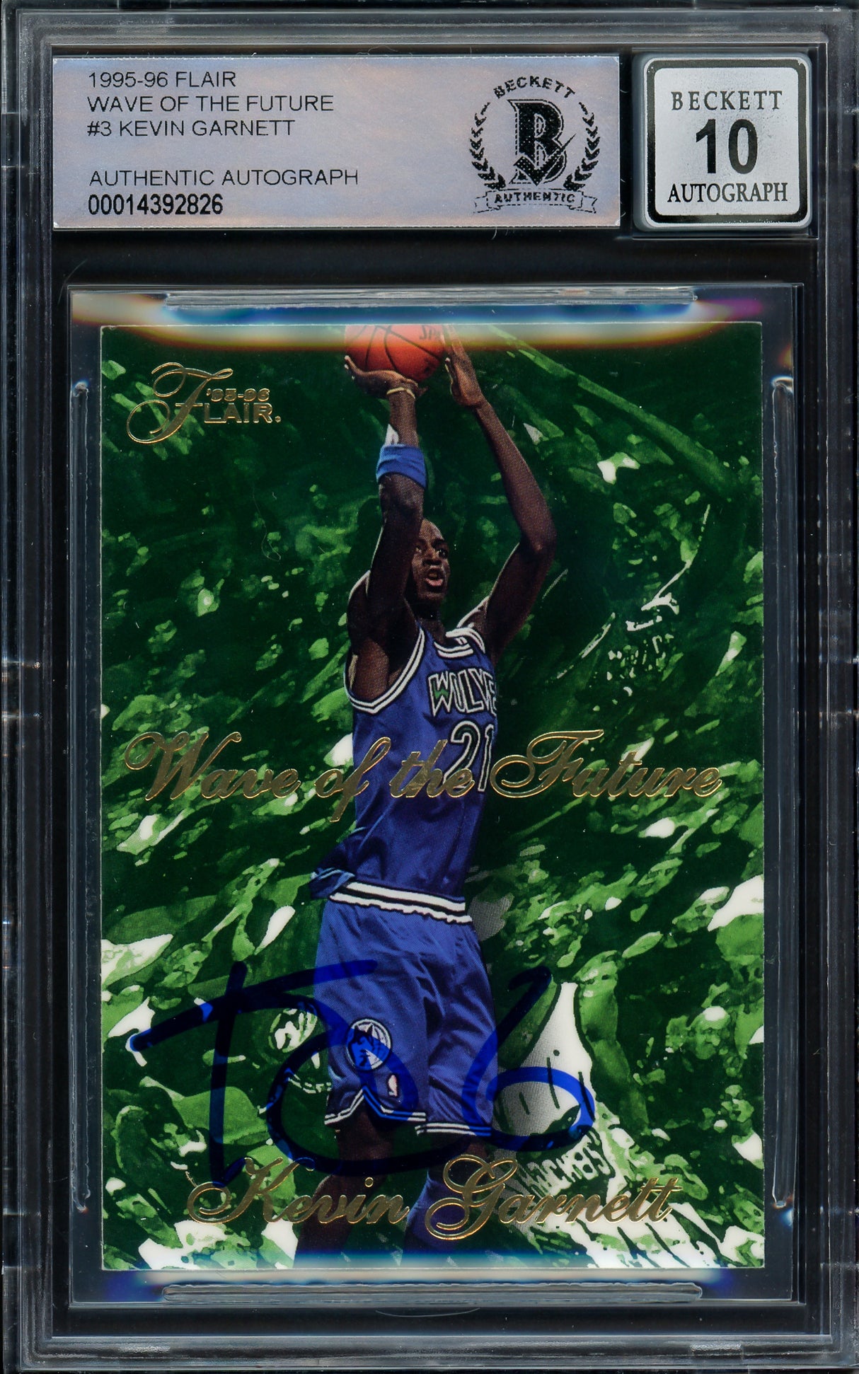 Kevin Garnett Autographed 1995-96 Fleer Flair Wave of the Future Rookie Card #3 Minnesota Timberwolves Auto Grade Gem Mint 10 Beckett BAS #14392826