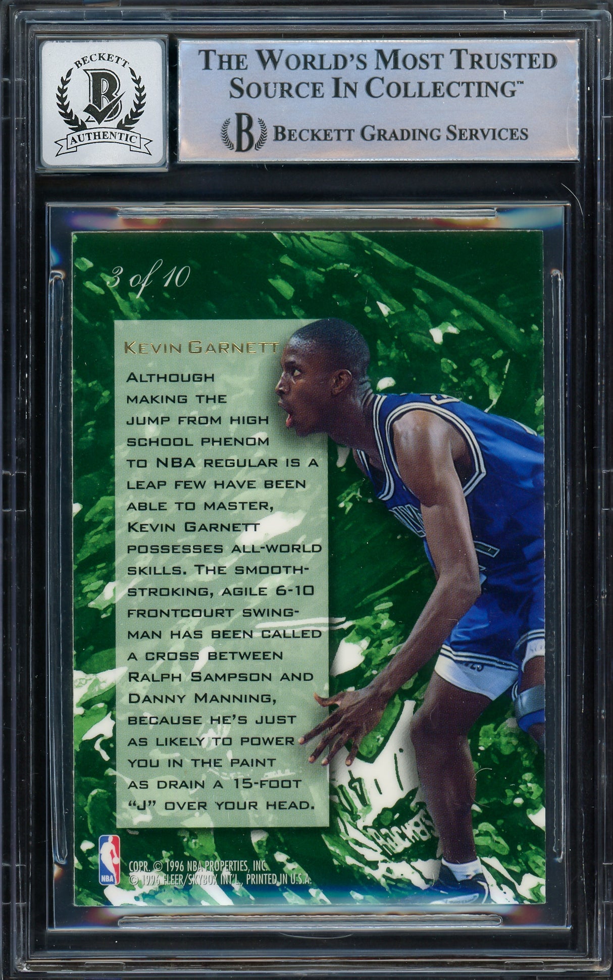 Kevin Garnett Autographed 1995-96 Fleer Flair Wave of the Future Rookie Card #3 Minnesota Timberwolves Auto Grade Gem Mint 10 Beckett BAS #14392826