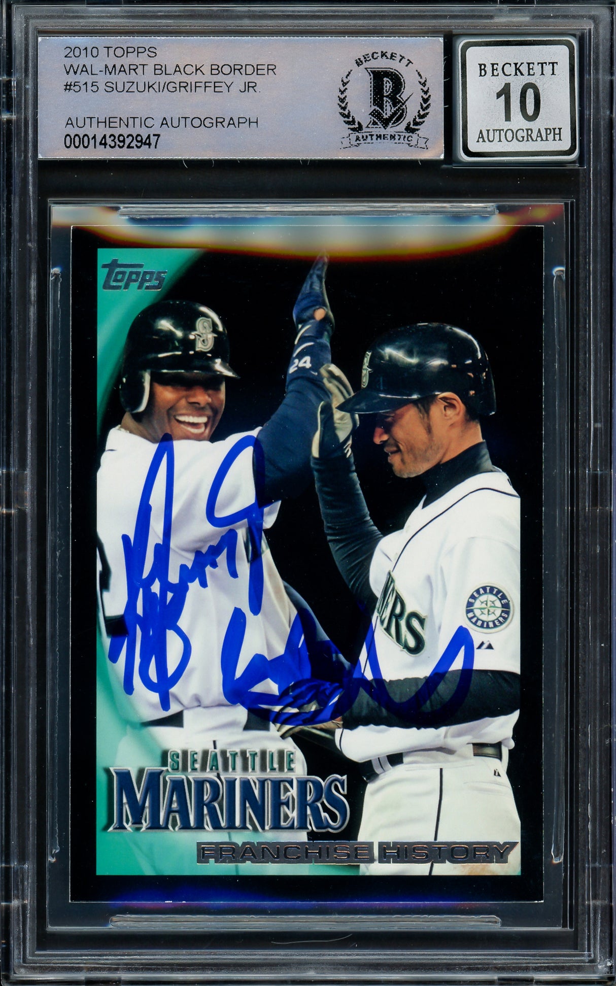 Ken Griffey Jr. & Ichiro Suzuki Autographed 2010 Topps Black Border Card #515 Seattle Mariners Auto Grade Gem Mint 10 Beckett BAS #14392947