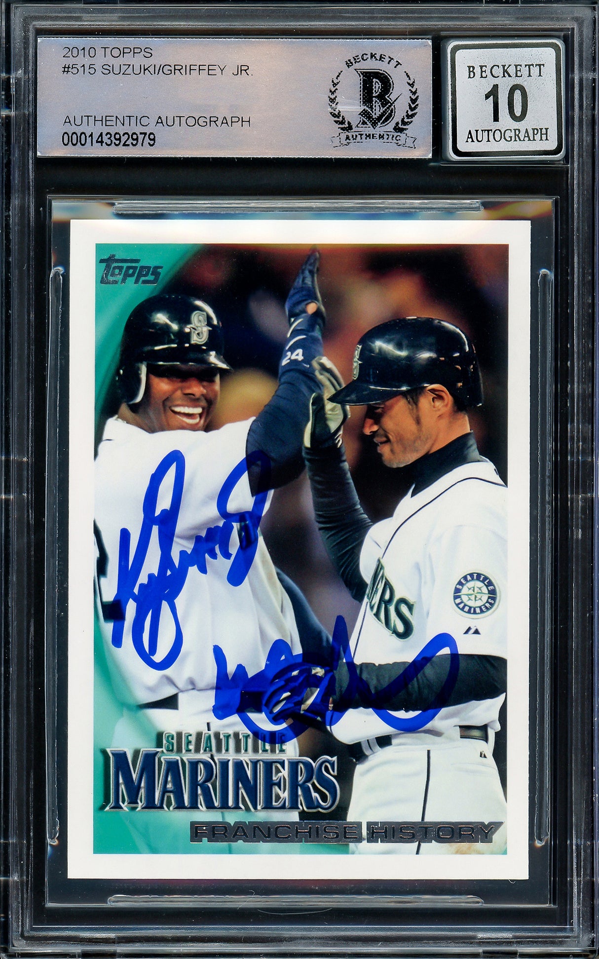 Ken Griffey Jr. & Ichiro Suzuki Autographed 2010 Topps Card #515 Seattle Mariners Auto Grade Gem Mint 10 Beckett BAS Stock #207151