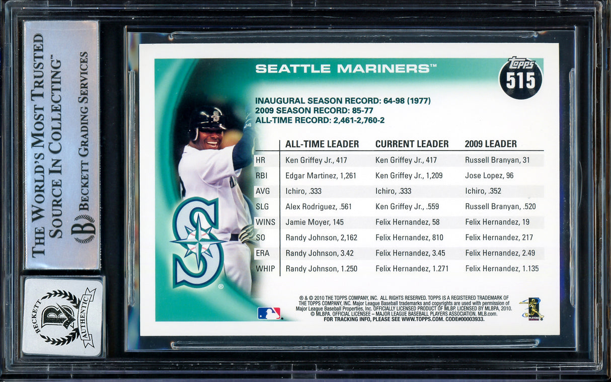 Ken Griffey Jr. & Ichiro Suzuki Autographed 2010 Topps Card #515 Seattle Mariners Auto Grade Gem Mint 10 Beckett BAS Stock #207151