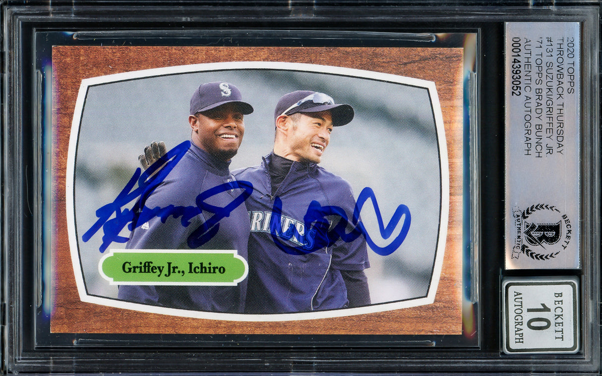 Ken Griffey Jr. & Ichiro Suzuki Autographed 2020 Topps Throwback Thursday Card #131 Seattle Mariners Auto Grade Gem Mint 10 Beckett BAS #14393052