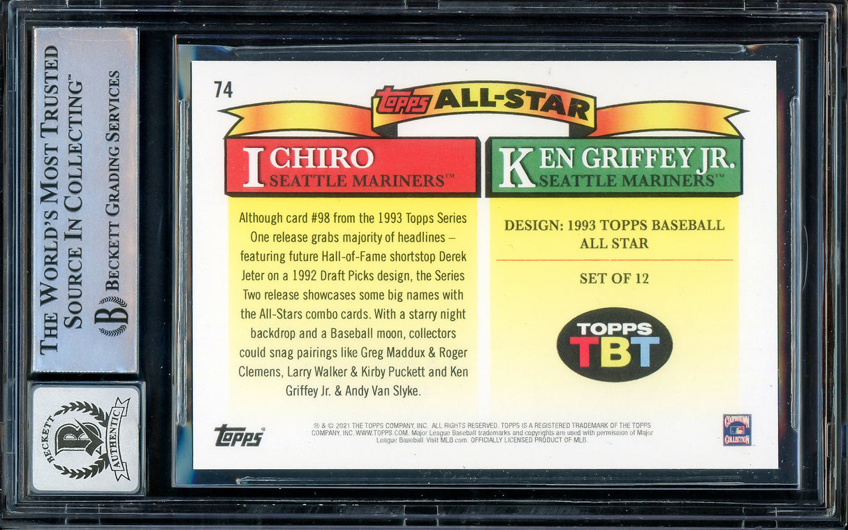 Ken Griffey Jr. & Ichiro Suzuki Autographed 2021 Topps Throwback Thursday 1993 All Stars Card #74 Seattle Mariners Auto Grade Gem Mint 10 Beckett BAS Stock #207159