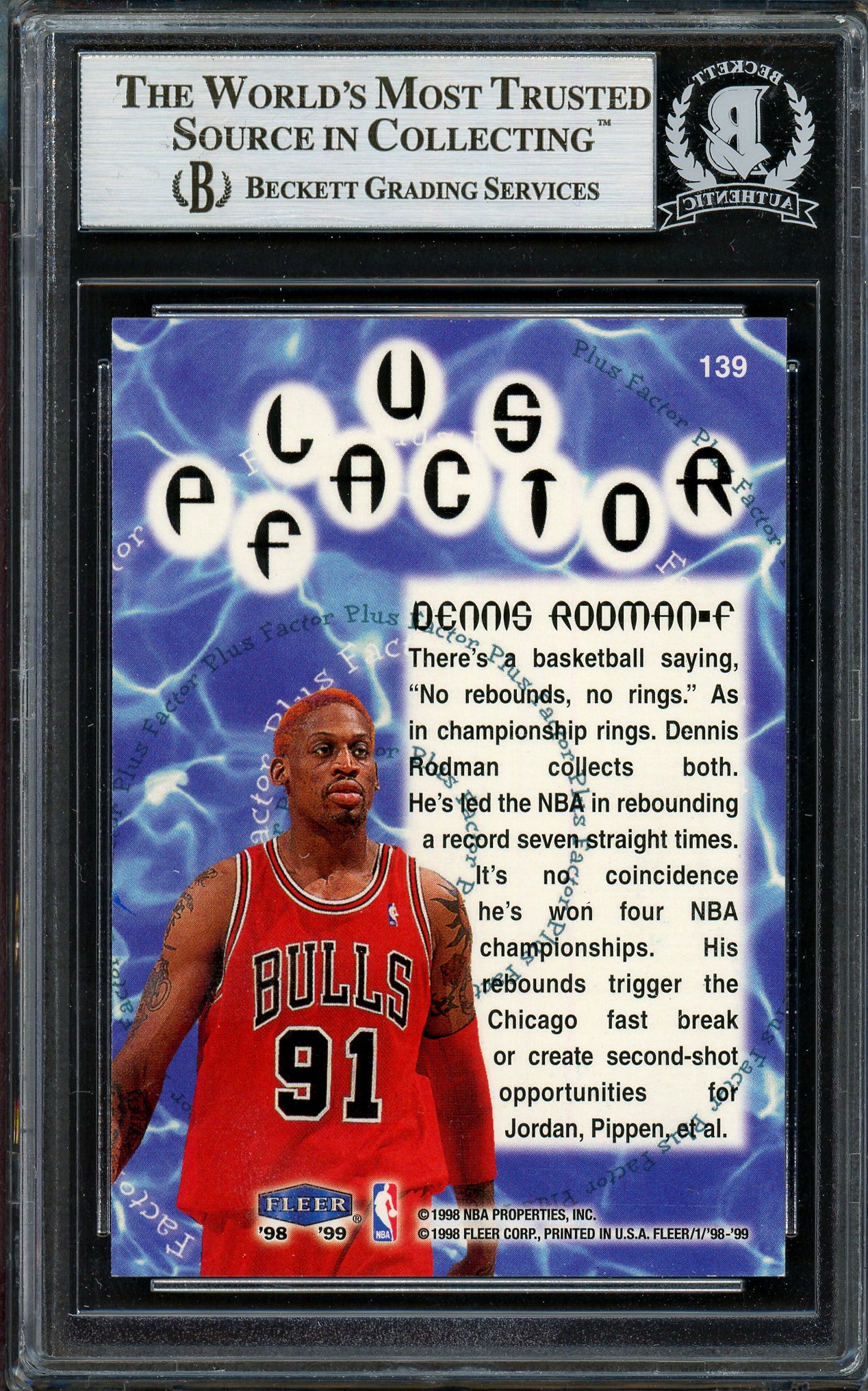 Dennis Rodman Autographed 1998-99 Fleer Tradition Card #139 Chicago Bulls Beckett BAS #13020799