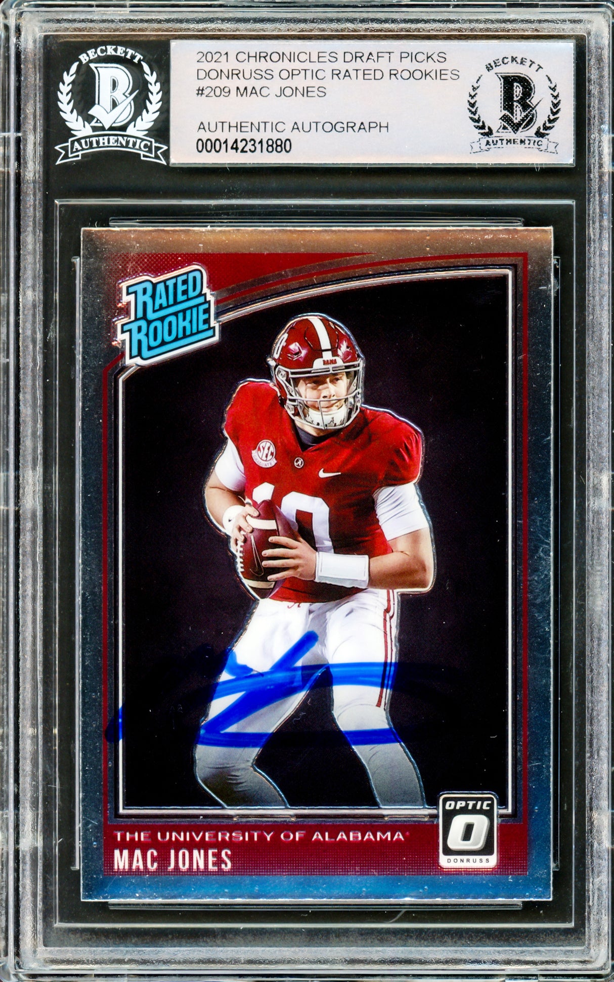 Mac Jones Autographed 2021 Donruss Optic Rated Rookie Card #209 Alabama Crimson Tide Beckett BAS #14231880